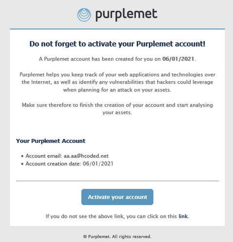 Purplemet Cloud activation email